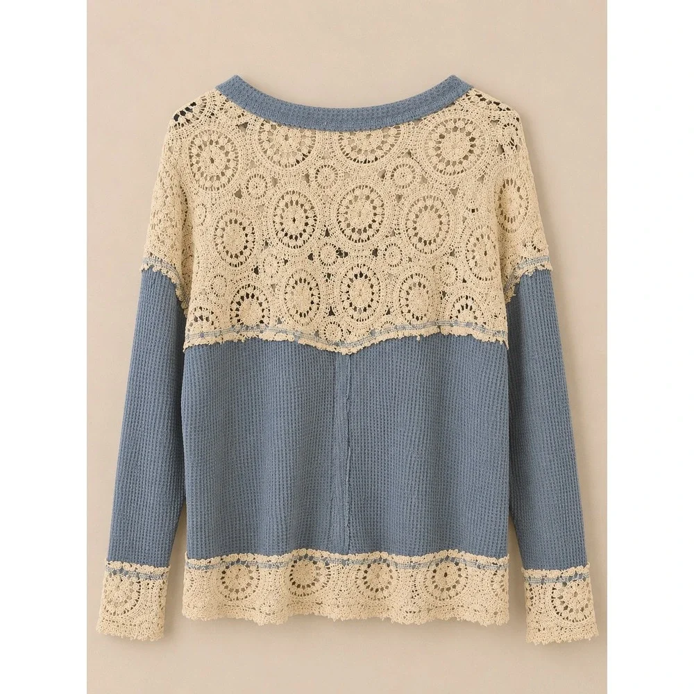 POL Blue Waffle Knit‎ Top with Cream Crochet Lace Trim Boho Long Sleeve Large